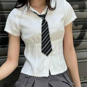 Y2K Fashion College Shirt with Striped Tie - Preppy Aesthetic Top