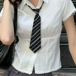 Y2K Fashion College Shirt with Striped Tie - Preppy Aesthetic Top