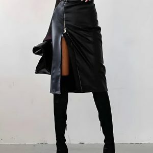 Y2K Fashion Coquette Aesthetic Zip Up Slit Midi Pencil Skirt