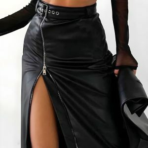 Y2K Fashion Coquette Aesthetic Zip Up Slit Midi Pencil Skirt