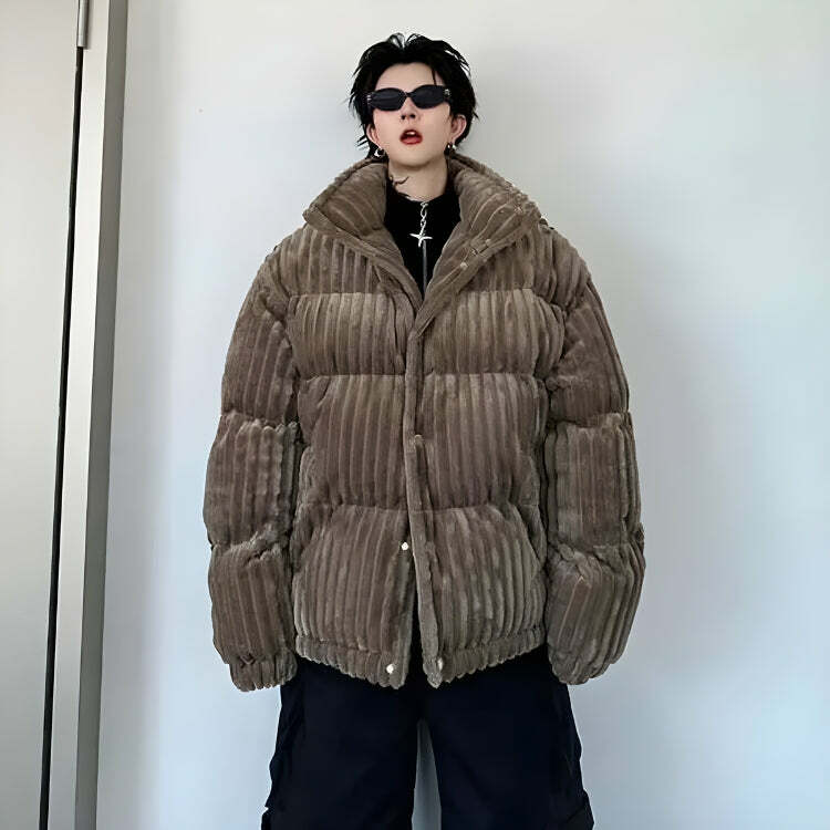 Y2K Fashion Corduroy Buttoned Puffer Jacket - Grunge & Coquette Style