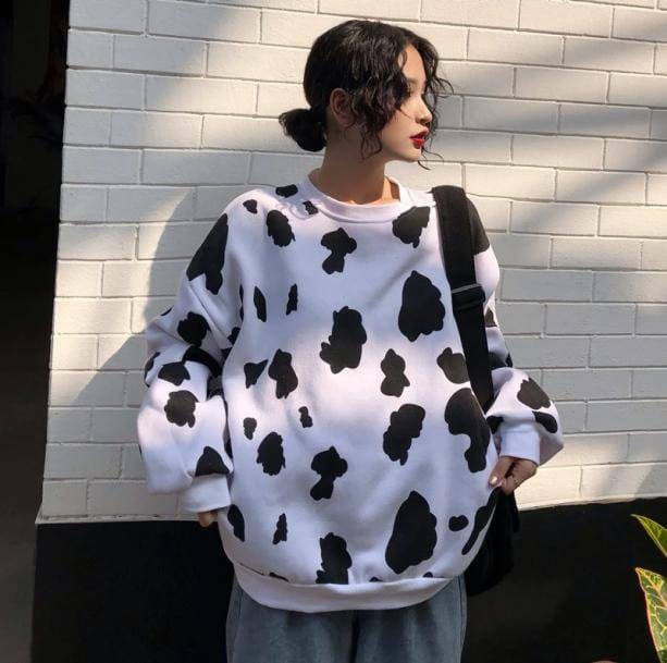 Y2K Fashion Cow Print Oversized Sweatshirt - Grunge & Coquette Style