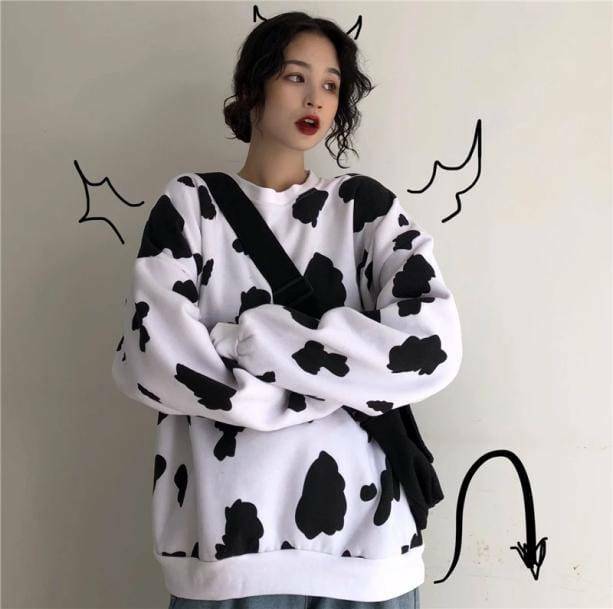 Y2K Fashion Cow Print Oversized Sweatshirt - Grunge & Coquette Style