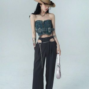 Y2K Fashion Cowgirl Crop Denim Tube Top - Grunge & Coquette Aesthetic