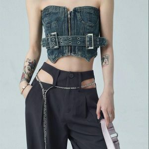 Y2K Fashion Cowgirl Crop Denim Tube Top - Grunge & Coquette Aesthetic