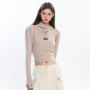 Y2K Fashion Cowl Collar Cut-Out Crop Top - Coquette & Grunge Aesthetic