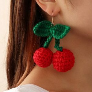 Y2K Fashion Crochet Cherry Earrings - Cute Coquette Aesthetic Jewelry