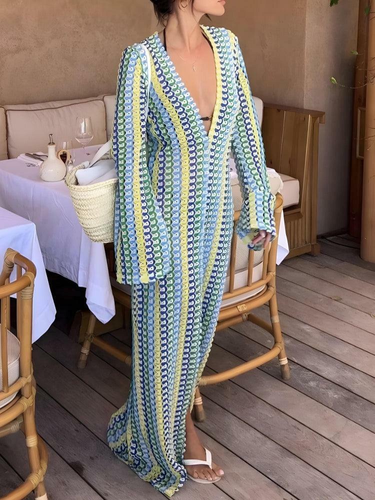 Y2K Fashion Crochet Striped Plunge Neck Maxi Dress - Coquette Aesthetic