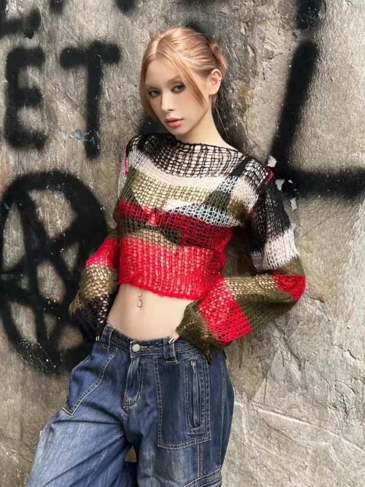 Y2K Fashion Crochet Sweater: Oversized Grunge Aesthetic for Cozy Vibes