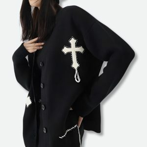 Y2K Fashion Cross Patch Cardigan - Grunge Aesthetic & Coquette Style