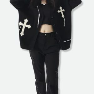 Y2K Fashion Cross Patch Cardigan - Grunge Aesthetic & Coquette Style