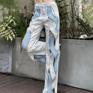 Y2K Fashion Cut Out Patch Denim Jeans - Grunge Aesthetic & Coquette Style