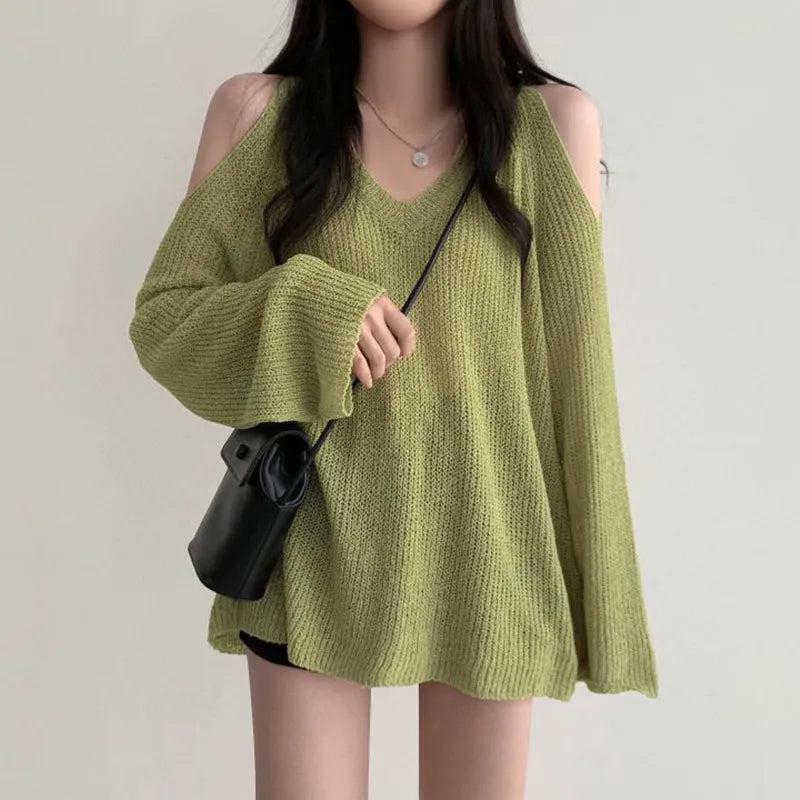 Y2K Fashion Cut-Out Shoulder Oversized Knit Sweater - Grunge & Coquette Style