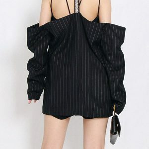 Y2K Fashion Cut-Out Striped Blazer for Coquette and Grunge Aesthetic