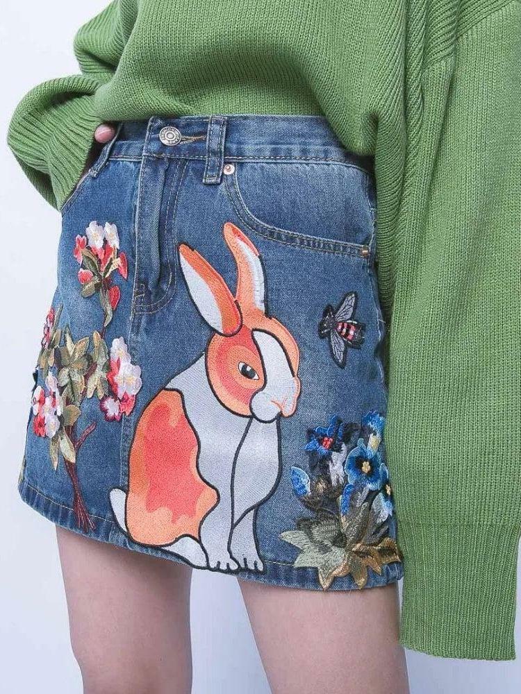 Y2K Fashion Cute Rabbit Denim Mini Skirt - Coquette & Grunge Aesthetic