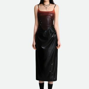 Y2K Fashion Cyberpunk Faux Leather Midi Dress - Grunge & Coquette Style