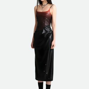 Y2K Fashion Cyberpunk Faux Leather Midi Dress - Grunge & Coquette Style