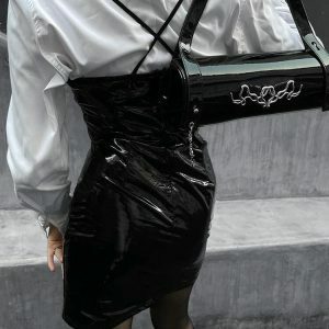 Y2K Fashion Cyberpunk Faux Patent Leather Mini Dress for Grunge Aesthetic