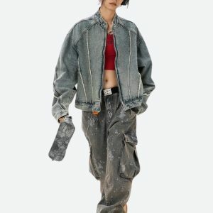 Y2K Fashion Cyberpunk Zip-Up Denim Jacket - Grunge Aesthetic Outerwear