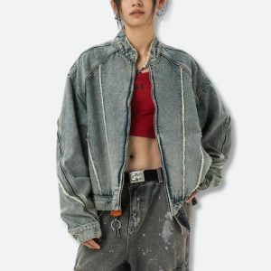 Y2K Fashion Cyberpunk Zip-Up Denim Jacket - Grunge Aesthetic Outerwear