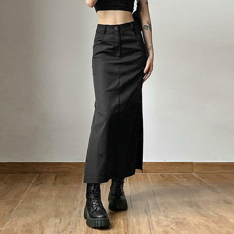 Y2K Fashion Dark Academia Side Slit Maxi Skirt - Grunge & Coquette Style