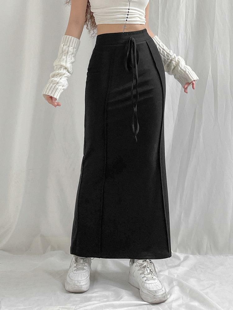 Y2K Fashion Dark Coquette Drawstring Maxi Skirt for Grunge Aesthetic