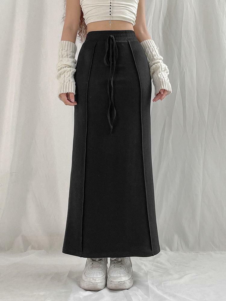 Y2K Fashion Dark Coquette Drawstring Maxi Skirt for Grunge Aesthetic