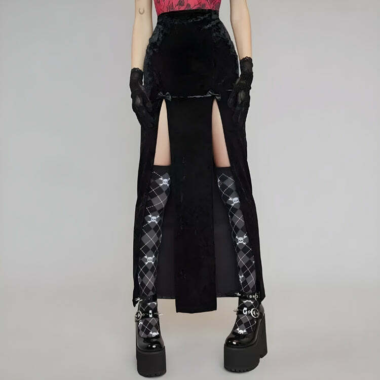 Y2K Fashion Dark Coquette High Split Midi Skirt for Grunge Aesthetic