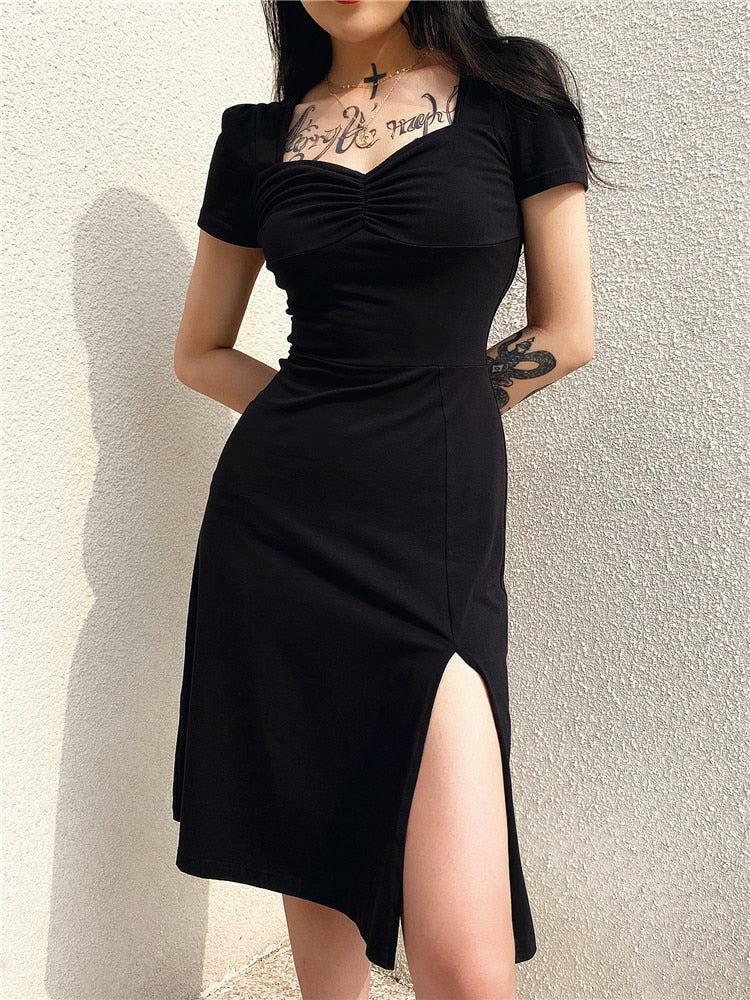 Y2K Fashion Dark Coquette Leg Split Midi Dress for Grunge Aesthetic Style