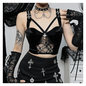 Y2K Fashion Dark Coquette Velvet Crop Top for Grunge & Emo Aesthetics