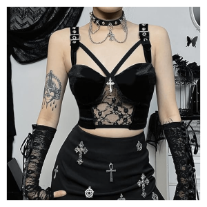 Y2K Fashion Dark Coquette Velvet Crop Top for Grunge & Emo Aesthetics