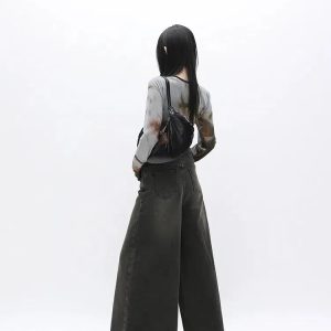 Y2K Fashion Dark Wash Distressed Wide Leg Jeans for Grunge Aesthetic