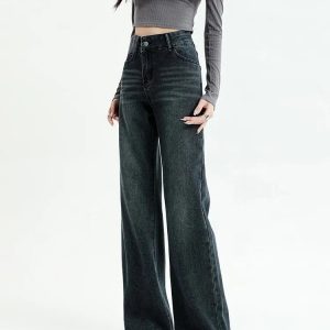 Y2K Fashion Dark Wash Straight Leg Denim Jeans for Grunge & Coquette Style