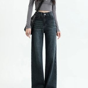 Y2K Fashion Dark Wash Straight Leg Denim Jeans for Grunge & Coquette Style