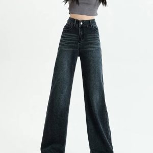 Y2K Fashion Dark Wash Straight Leg Denim Jeans for Grunge & Coquette Style