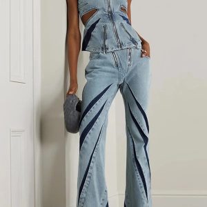 Y2K Fashion Denim Cut Out Tube Top & Patch Jeans Set - Grunge Aesthetic