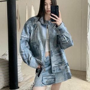 Y2K Fashion Denim Jacket & Mini Skirt Set - Grunge & Coquette Aesthetic