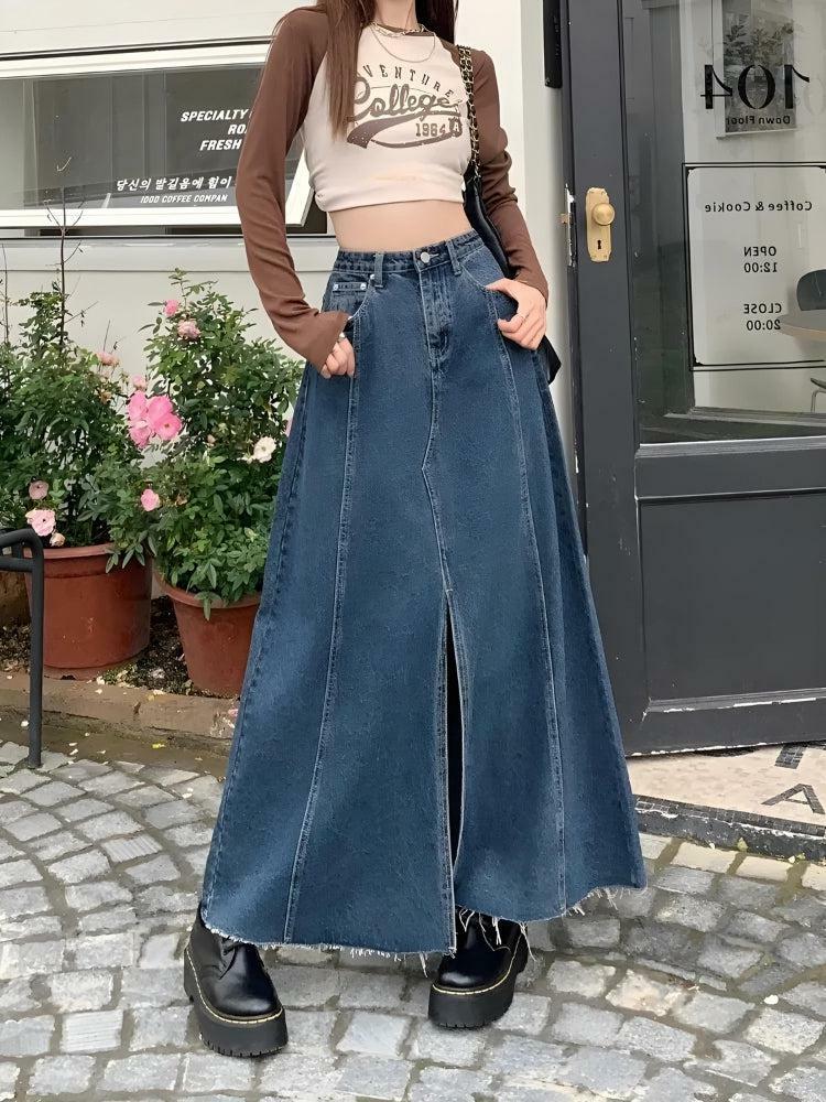 Y2K Fashion Denim Slit Frayed Hem Maxi Skirt - Grunge & Coquette Style