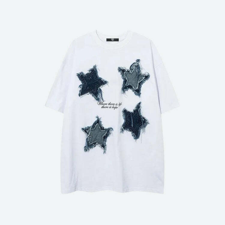 Y2K Fashion Denim Star Patchwork Tee - Grunge Aesthetic Oversized Style