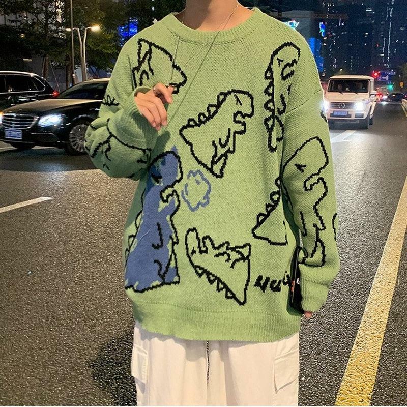 Y2K Fashion Dinosaur Knitted Sweater - Cute Oversized Aesthetic Top