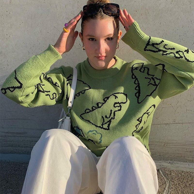 Y2K Fashion Dinosaur Knitted Sweater - Cute Oversized Aesthetic Top