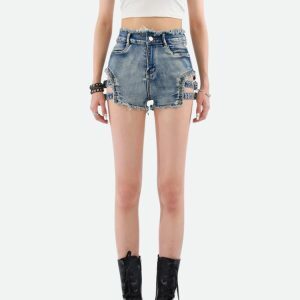 Y2K Fashion Distressed Cut Out Denim Shorts for Grunge & Coquette Styles