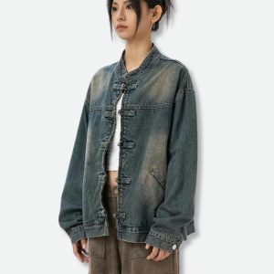 Y2K Fashion Distressed Denim Jacket - Grunge Aesthetic & Coquette Style