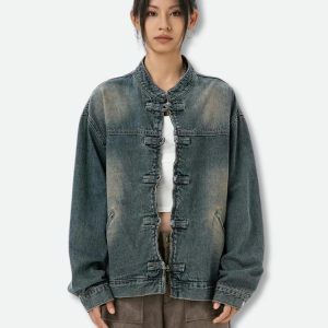 Y2K Fashion Distressed Denim Jacket - Grunge Aesthetic & Coquette Style