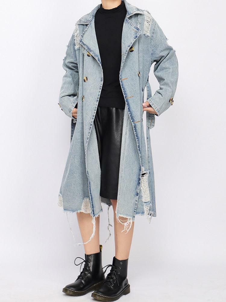 Y2K Fashion Distressed Denim Trench Coat for Grunge & Coquette Aesthetic