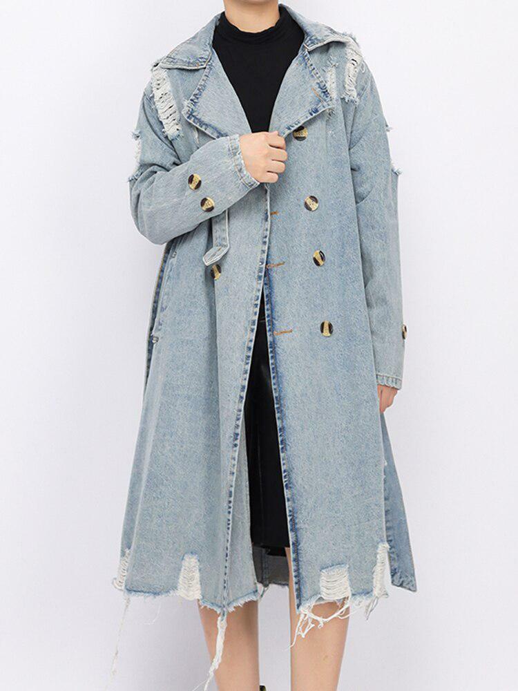 Y2K Fashion Distressed Denim Trench Coat for Grunge & Coquette Aesthetic