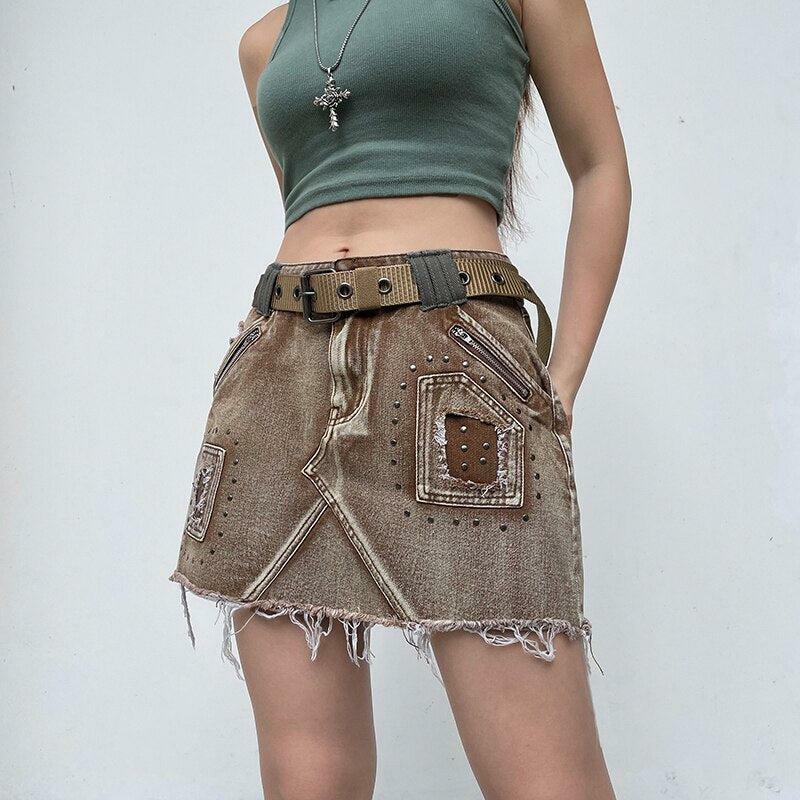 Y2K Fashion Distressed Patchwork Mini Skirt - Grunge Aesthetic Style