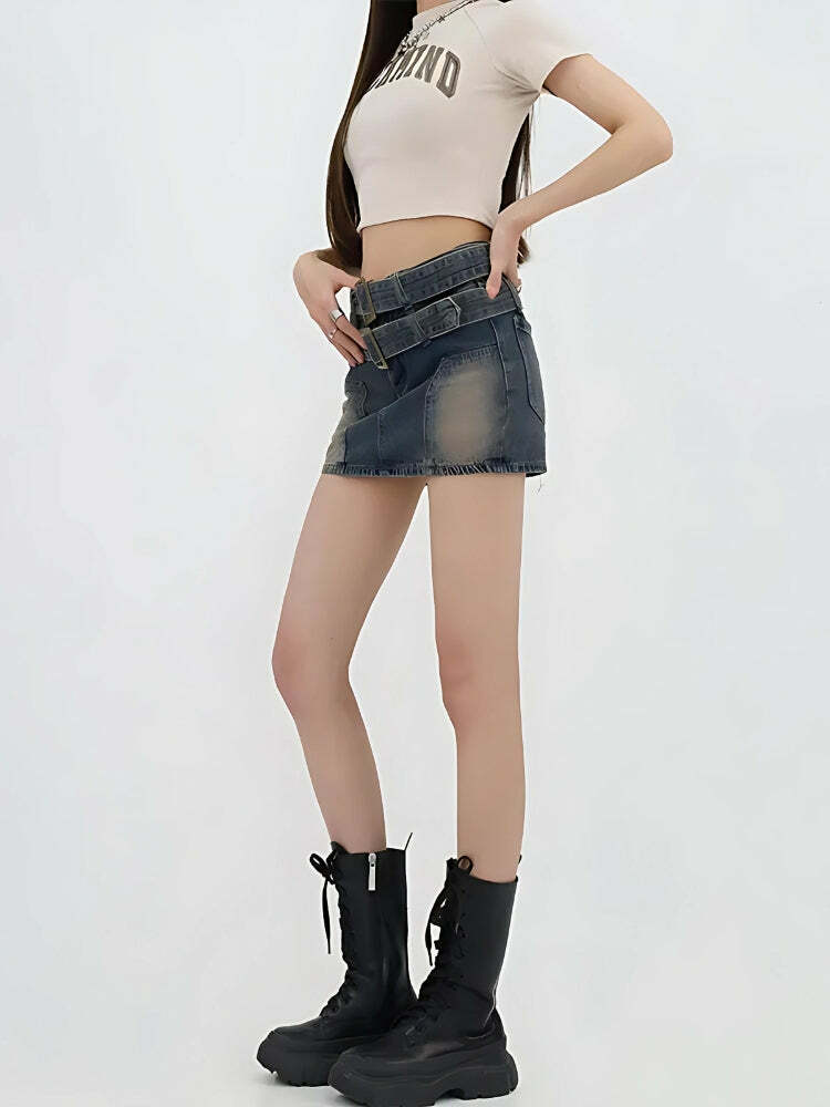 Y2K Fashion Double Belted Denim Mini Skort - Grunge & Coquette Style