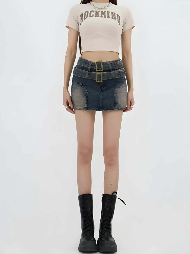 Y2K Fashion Double Belted Denim Mini Skort - Grunge & Coquette Style