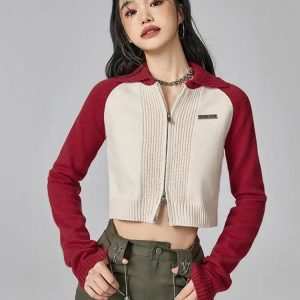 Y2K Fashion Double Zip-Up Crop Cardigan - Coquette & Grunge Aesthetic